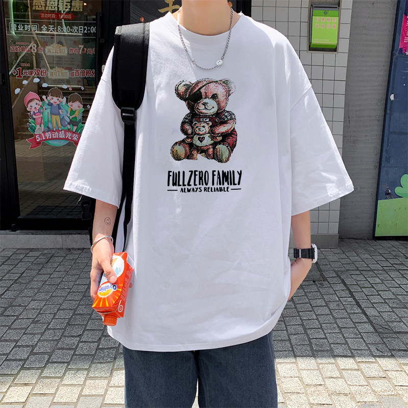 Cartoon Bear Printed Round Collar Summer T-shirt Man Short Sleeve Tee National Tide 50% Sleeve Compassionate Half-Cut-Sleeve Mistress summer dress 