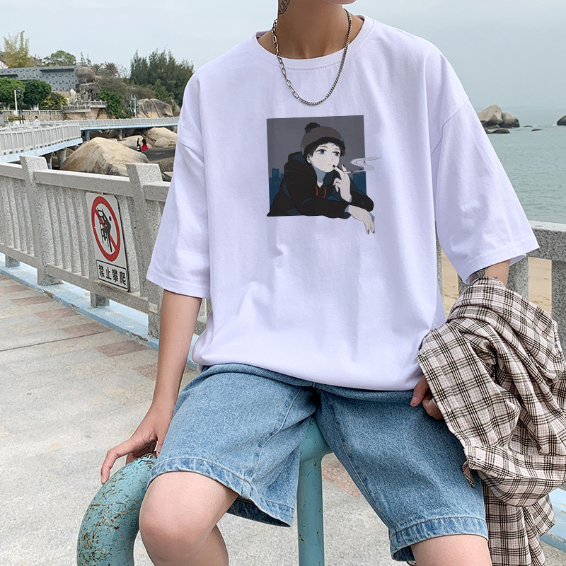 2021 Summer Short Sleeve T-Shirt Male Port Wind Brief About 100 Hitch Loose 50% Sleeves Ins Tide Card Korean Version Half-Amputee 
