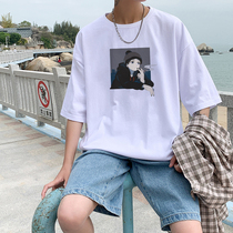 2021 Summer Short Sleeve T-Shirt Male Port Wind Brief About 100 Hitch Loose 50% Sleeves Ins Tide Card Korean Version Half-Amputee