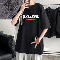 Short Sleeve T-Shirt Male Loose Tide Sign Summer Black Half Sleeve 50% Middle Sleeve Mens Casual Hitch Undershirt Clothing Man