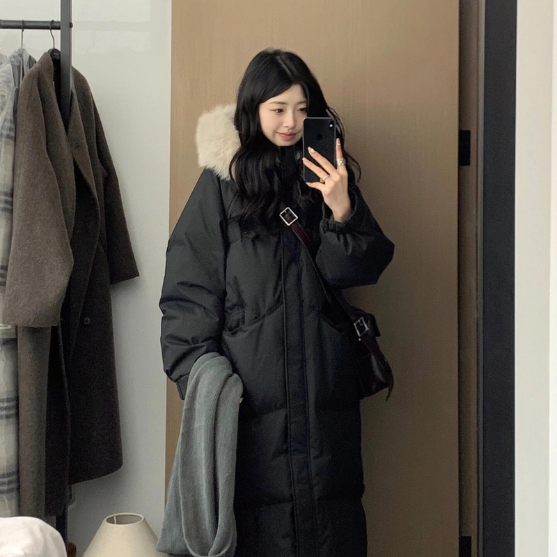 Mid-Length down Cotton Jacket for Women 2025 New Winter Korean Style Loose Thickened Large Fur Collar Petite Coat Cotton Clothing