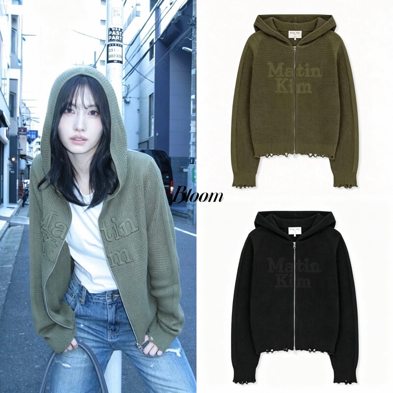 In-Stock Matin Kim Style, Same as Hamae Momoe, Embroidered Large Logo, Waffle Texture, Zip-Up Knit Hoodie In-Stock Matin Kim Style, Same as Hamae Momoe, Embroidered Large Logo, Waffle Texture, Zip-Up Knit Hoodie