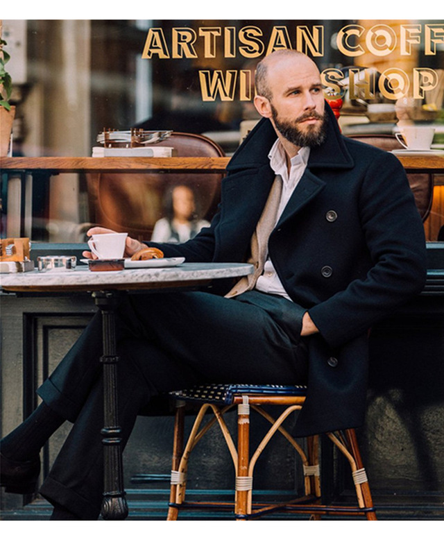 American Retro Navy Wool Coat for Men, Classic Double-Breasted Pea Coat, Thickened Heavy Wool Coat for Autumn and Winter