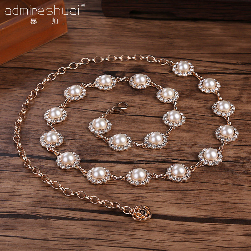 New Pearl Water Drill Inlaid Belly Leather Dance Waist Chain Metal Chain Fashion Trends Lady Belt Foreign Dress Waist Accessories