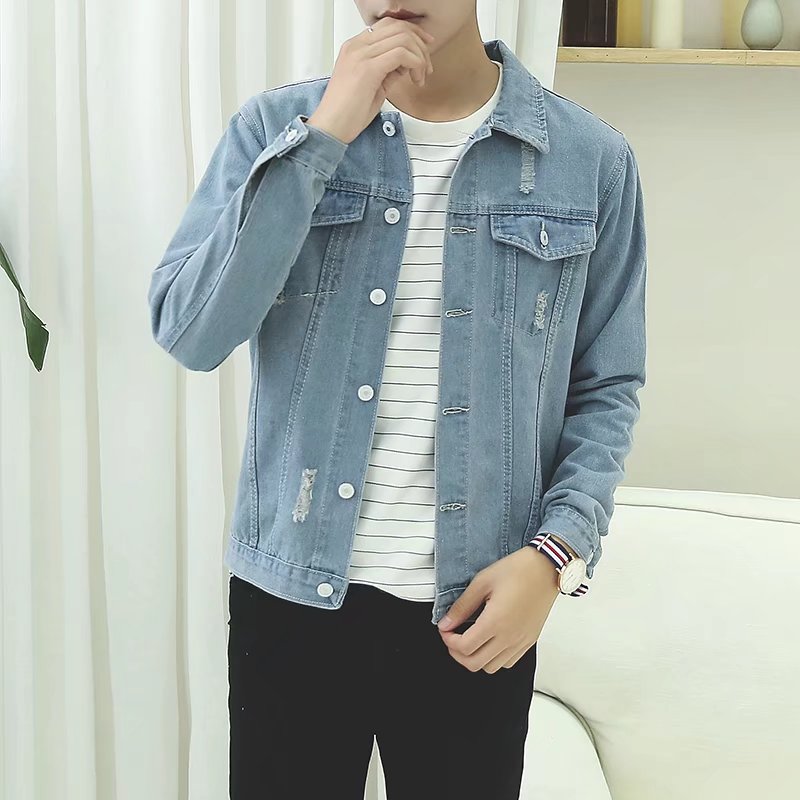 Ánh sáng màu xanh lỗ denim jacket nam phù hợp với cơ thể thiếu niên Hàn Quốc phiên bản của giản dị xu hướng trên quần áo mùa xuân rơi đẹp trai.