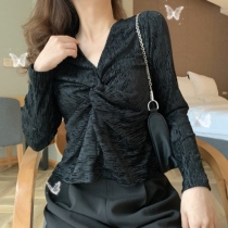 Small sub long sleeve undershirt woman 2020 spring new body 100 hitch 100 lap short sexy cross V collar twisted blouse