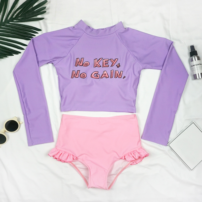 Pink original high waist long sleeve letter sun protection two-piece surf suit Cute hot spring conservative student girl swimsuit