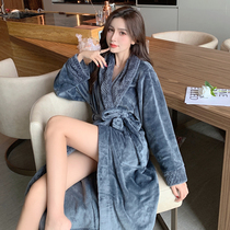 Winter sexy pure flannel dressing gown thickens coral velvet long and dress with bathrobe sleepy dress grey
