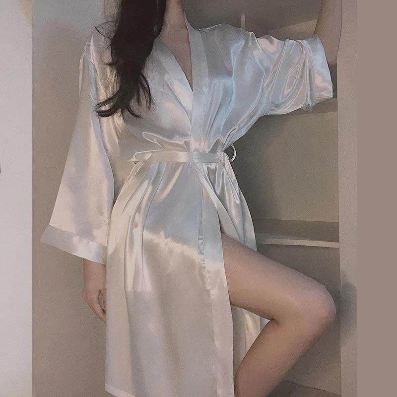 Pure desire sexy ice silk nightgown ladies spring and autumn long-sleeved kimono lace bathrobe four seasons universal dressing gown white