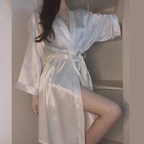 Pure Sexy Ice Silk Sleepy Lady Spring and Autumn Sleeve and Clothing with Bathrobe Four Seasons General Morning Roof White