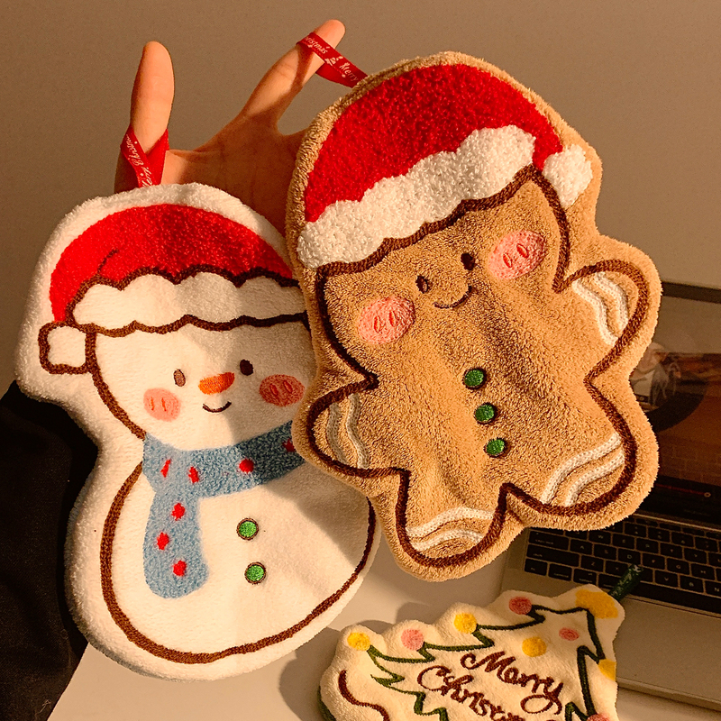 Christmas Snowman Gingerbread Man Coral Velvet Hand Towel Hanging Absorbent Quick-Drying Kitchen Bathroom Towel Cute Handkerchief