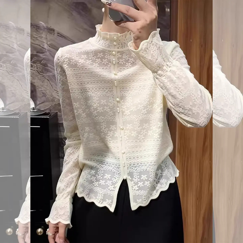 Soft and Gentle Korean-Style Ins Lace Base Shirt, New Autumn and Winter Half-High Collar Beaded Long-Sleeve Elegant Top for Women Soft and Gentle Korean-Style Ins Lace Base Shirt, New Autumn and Winter Half-High Collar Beaded Long-Sleeve Elegant Top for Women