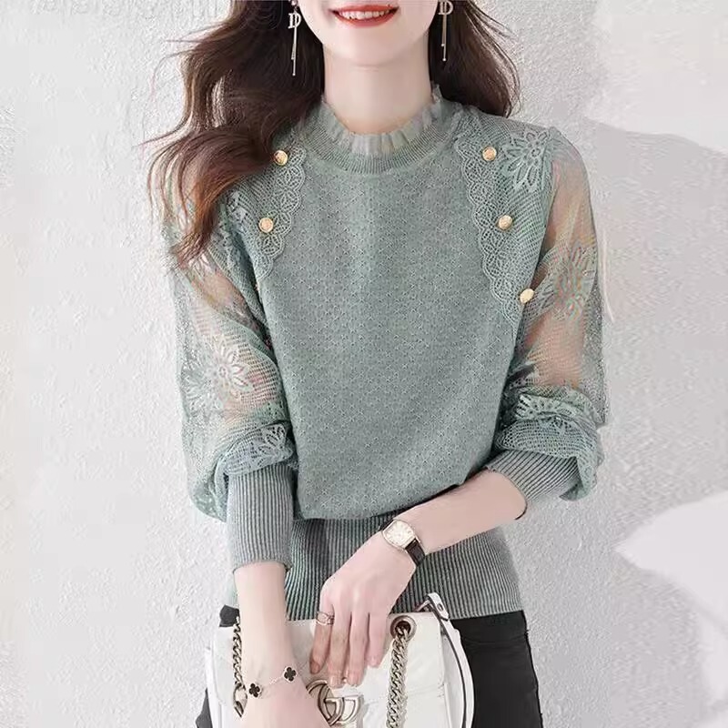 Spring New Knitwear Thin Hollow-Out Sweater for Women with Unique Design Lace Knit Base Layer Top