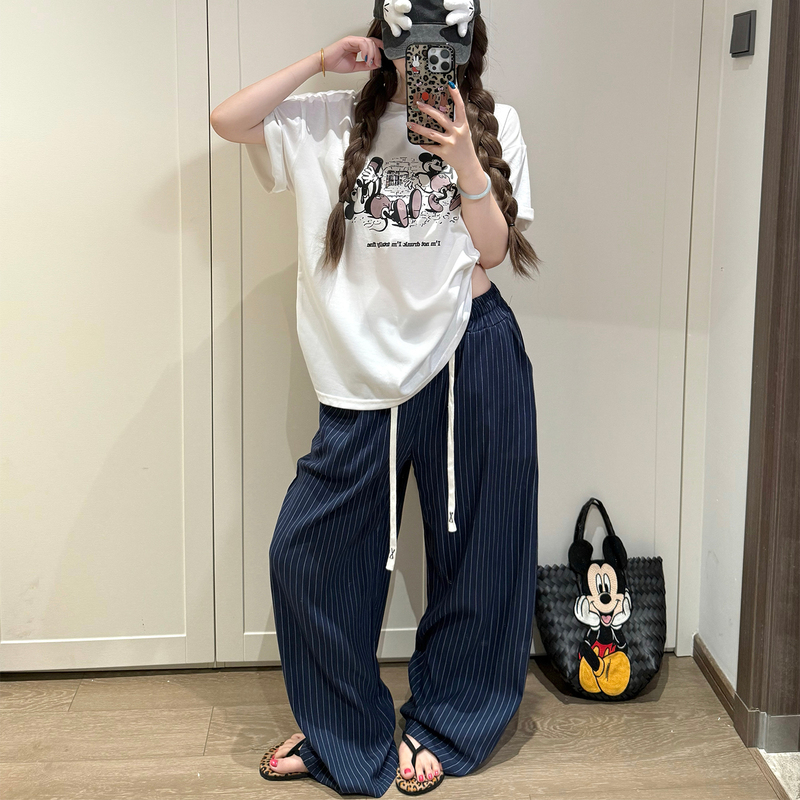 Women's Pajamas Spring and Summer Pure Cotton Short-Sleeved Long Pants That Can Be Worn Outside 2026 New Large Size Blue Striped Mickey Set Home Clothes
