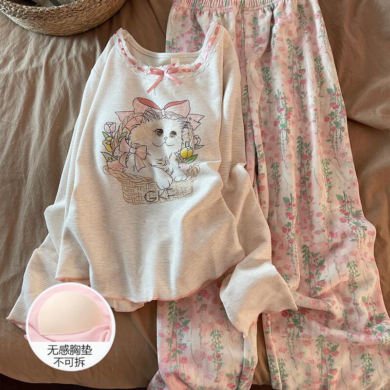 Women's Winter Pajamas, Imitation Cashmere, Long-Sleeved, Large Size, Warm, with Chest Pads, Can Be Worn Outside, Flower Basket Cat Set, Winter Home Clothes Women's Winter Pajamas, Imitation Cashmere, Long-Sleeved, Large Size, Warm, with Chest Pads, Can Be Worn Outside, Flower Basket Cat Set, Winter Home Clothes