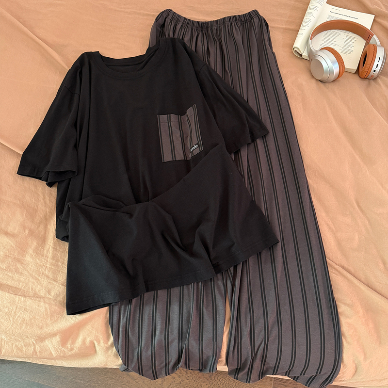 Men's Pajamas Spring and Summer Modal Rayon Short-Sleeved Large Size Black Vertical Striped Casual Suit Home Wear That Can Be Worn Outside