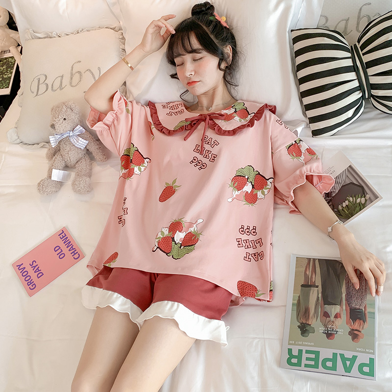 Sleepwear Women's Summer Cute Strawberry Ins Pure Cotton Short Sleeves Thin two-piece suit Spring and Autumn Grand-size nets Red Home Residence Clothes