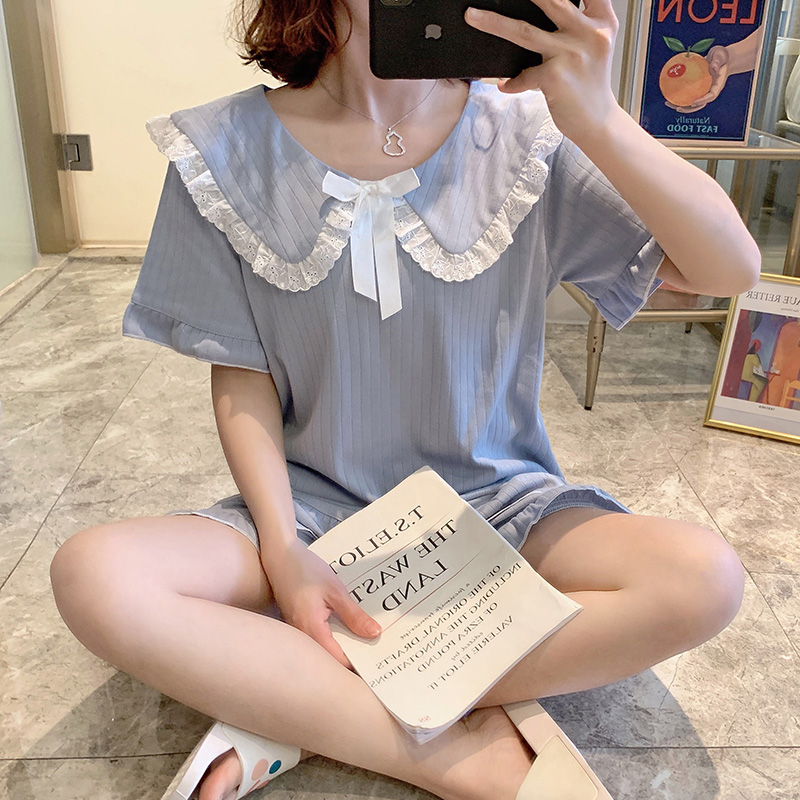 Sleepwear Women's Summer Princess Wind Cute Mist Blue Pure Cotton Short Sleeves Thin two-piece style suit net Red Spring and Autumn Day Home clothes
