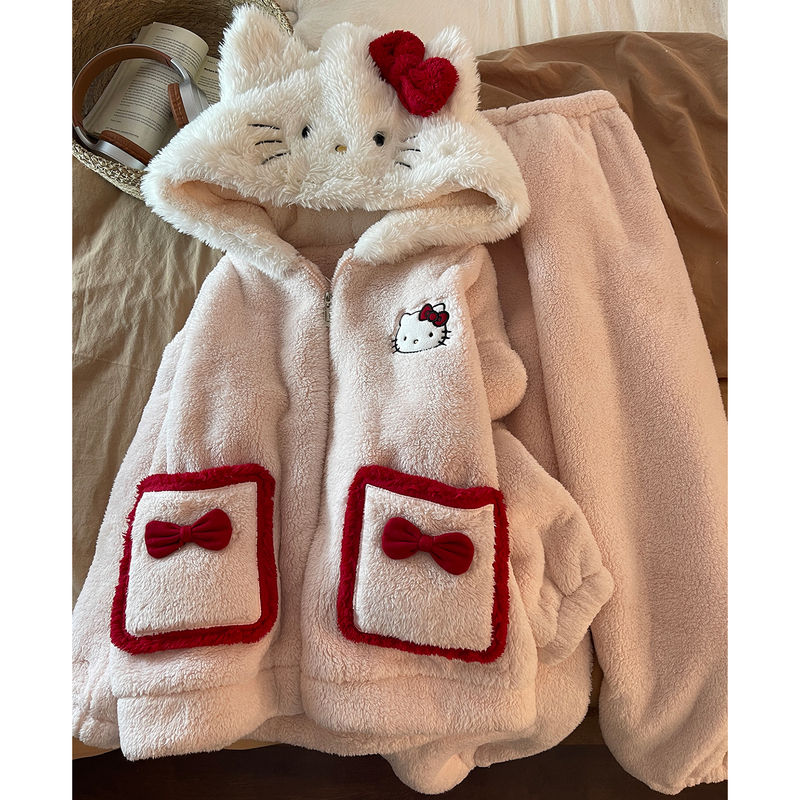 Coral Fleece Pajamas for Women, Winter, Plus Size, Thick, Can Be Worn Outside, Long Plush Hooded Red Knot Pink Cat Set, Loungewear Coral Fleece Pajamas for Women, Winter, Plus Size, Thick, Can Be Worn Outside, Long Plush Hooded Red Knot Pink Cat Set, Loungewear