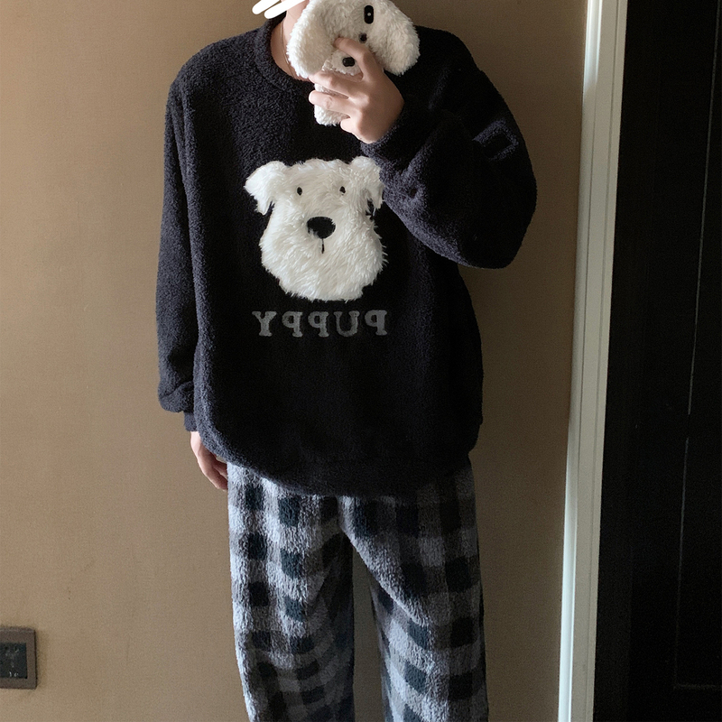 Coral Fleece Pajamas for Men, Autumn and Winter, Large Size, Thickened, 25 New Styles, Imitation Half-Velvet Puppy Set, Winter Loungewear