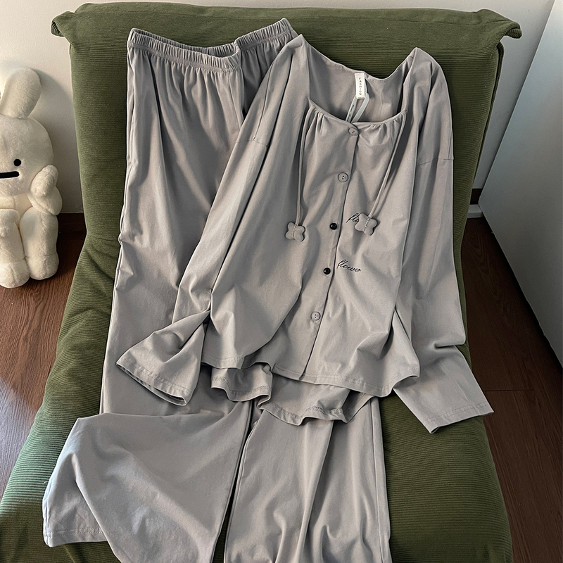 Women's Pajamas for Spring and Autumn, Pure Cotton, 2026 New Style, Large Size, Long-Sleeved, Can Be Worn Outside, Gray Set, Summer Loungewear