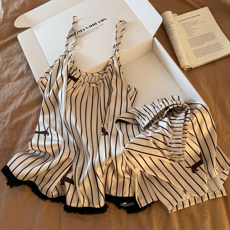 Summer Ice Silk Plus-Size Cool Feeling Striped Dog Print Pajama Set for Women, New Style 26, Can Be Worn Outside as Loungewear