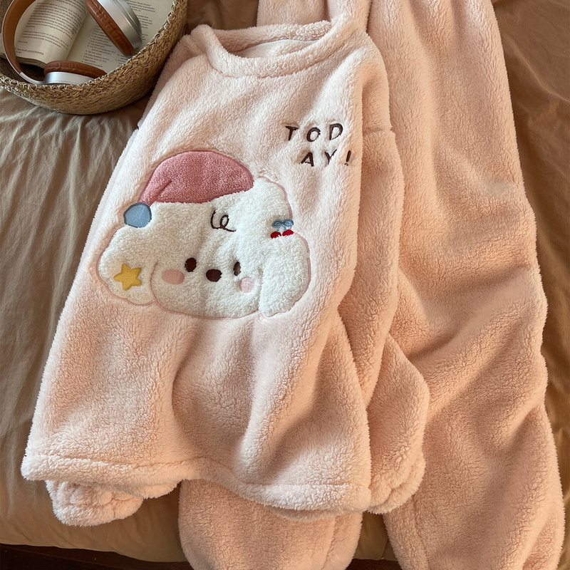 Women's Winter Pajamas, Coral Fleece, Large Size, Loose Fit, Warm, Can Be Worn Outside, Long Plush, Pink Hat, Dog Suit, Loungewear