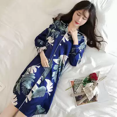 Nightdress Lady Autumn long sexy Ice Silk long sleeve pajamas silk thin Korean sweet spring and autumn home clothes