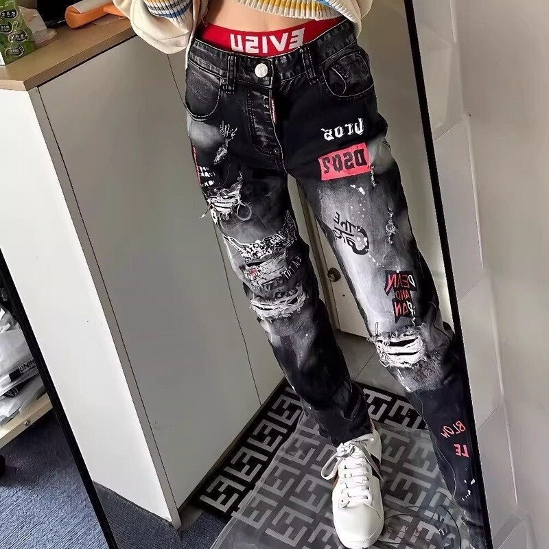 Guangzhou American-Style D2 Light Luxury Fashion Splash-Ink Jeans Trendy Brand Ripped Slim-Fit Unisex Casual Long Pants