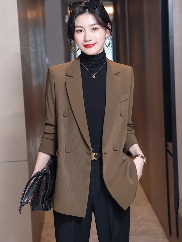 Authentic Gejia New 2025 Spring and Autumn Blazer, Casual Coffee Color, Long-Sleeved, High-End Feel, Loose Fit, No-Iron, Shoulder Pads
