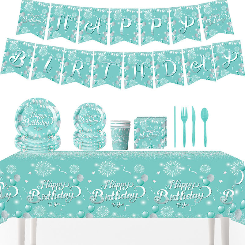 Tiffany Blue Birthday Party High-End Disposable Tableware Blue Theme Party Paper Plates Paper Cups Flags