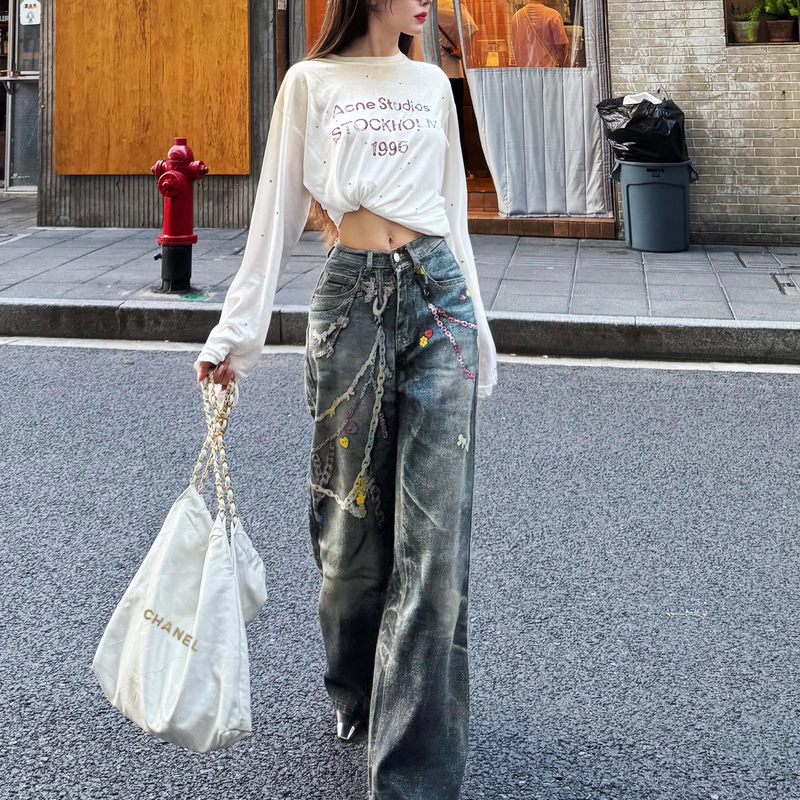 Akl Official【3D Candy】Jennie Style American Chain Digital Print Wide-Leg Jeans