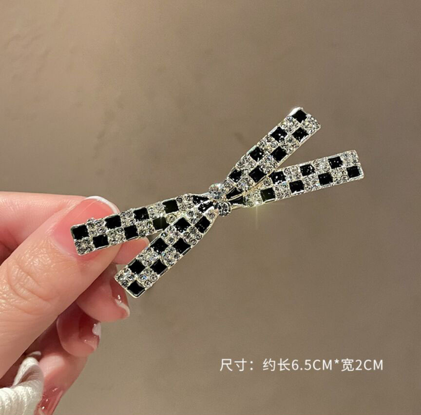 Net Red Hair Accessories Alloy Water Drill Hairpin Black Box Duckbill Clip Loving Chessboard Grid Metal Side Clip Fashion Headwear