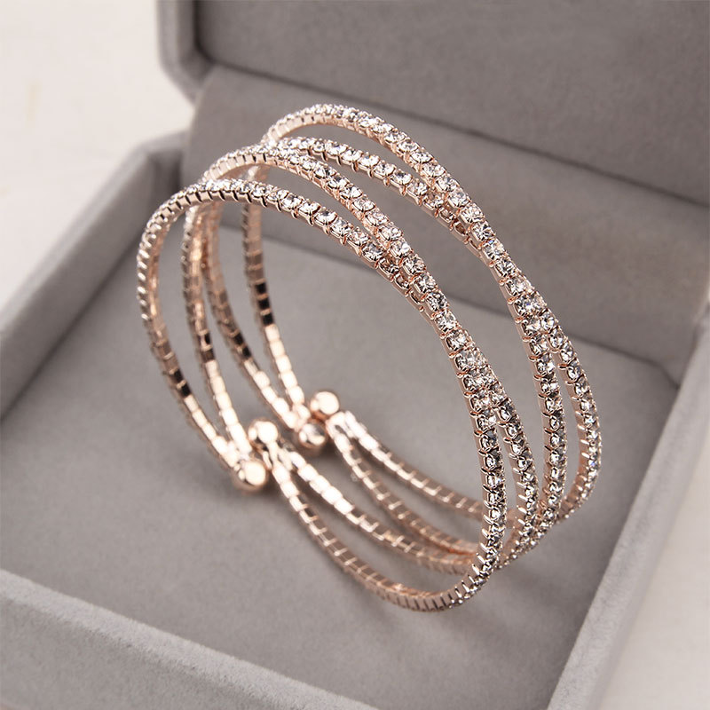 Korean Style Fashionable and Exquisite 18K Rose Gold Diamond-Encrusted Multi-Layered Cross Bracelet for Women, European and American Trendy Elegant Bracelet
