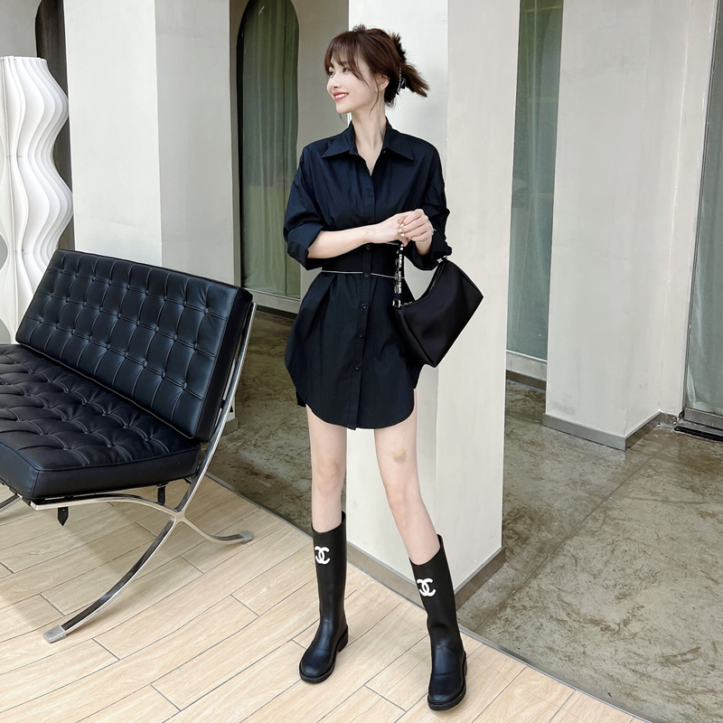 Kaka women's official flagship Han version of senior letters with a thin shirt tight waist dress