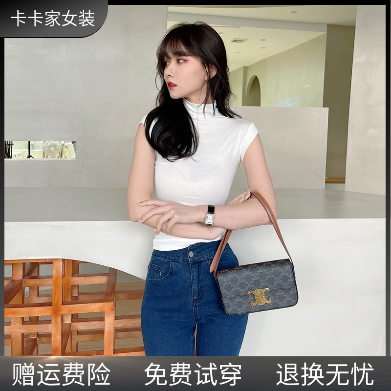 Kaka women's official flagship Korean version half-high collar slim boat sleeve T-shirt women's summer retro tight bottoming top