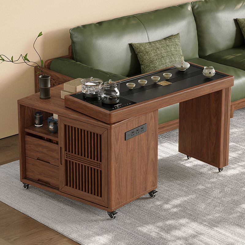 Mobile Tea Table Made of Solid Black Walnut Wood, Rotating, with Storage, Extendable, Tea Cabinet, Balcony, Household, Small Tea Brewing Table