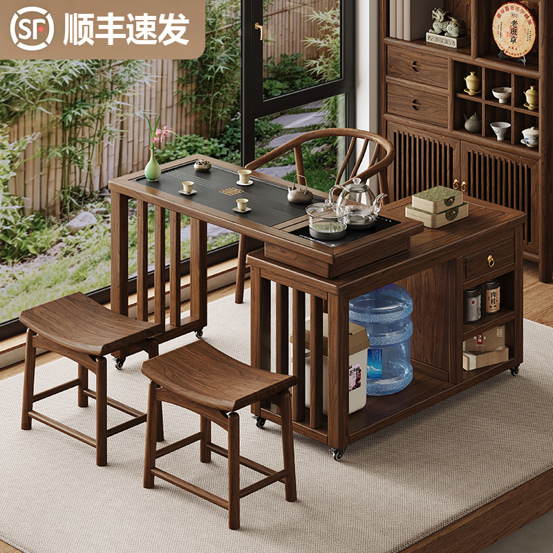 Mobile Tea Table for Balcony, Small Solid Wood Storage Tea Table, Song-Style Aesthetic Tea Cabinet, Extendable and Rotating Household Tea Table Mobile Tea Table for Balcony, Small Solid Wood Storage Tea Table, Song-Style Aesthetic Tea Cabinet, Extendable and Rotating Household Tea Table