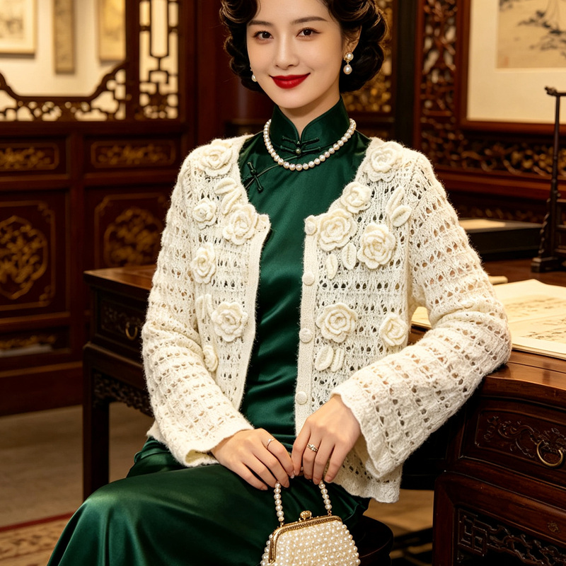 Handmade Crochet Hollow-Out Knit Sweater Cardigan Cheongsam Shawl Outerwear Vintage Short Coat 2026 New Autumn and Winter Handmade Crochet Hollow-Out Knit Sweater Cardigan Cheongsam Shawl Outerwear Vintage Short Coat 2026 New Autumn and Winter
