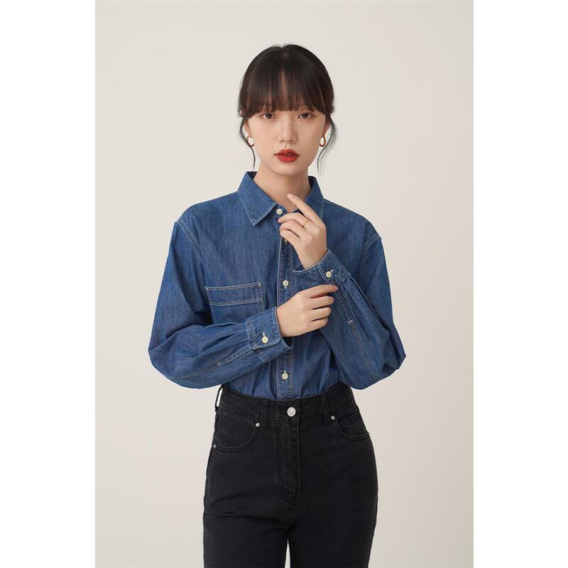Blue Denim Shirt for Women, New Spring and Autumn French Retro Style Shirt Jacket, Layered Wear, High-End Brand Shirt for Women