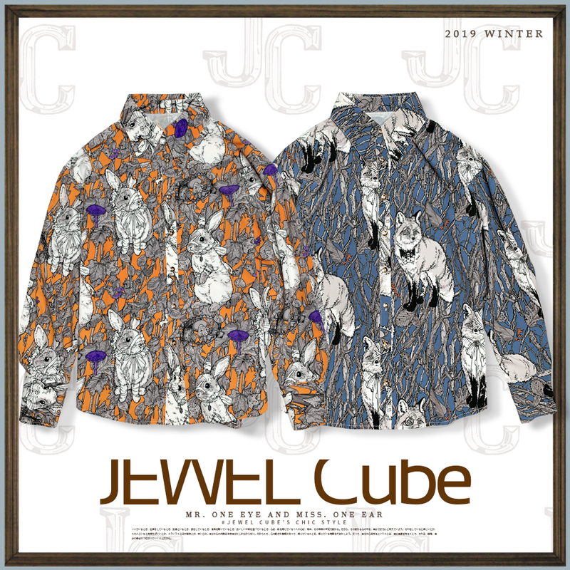 [Gem Box One-Eyed Fox & One-Eared Rabbit] Original Printed Pattern Pointed Collar Shirt Stand-Up Collar Shirt