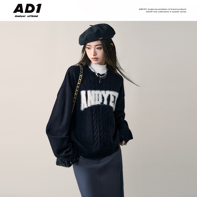 ANDYET AD1 22AW original hole jacquard LOGO design sense sweater autumn loose pullover sweater