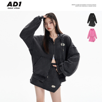 ANDYET AD1 22AW Retro water washing double zipper hooded sweater coat coat to make old furry skirt suit women