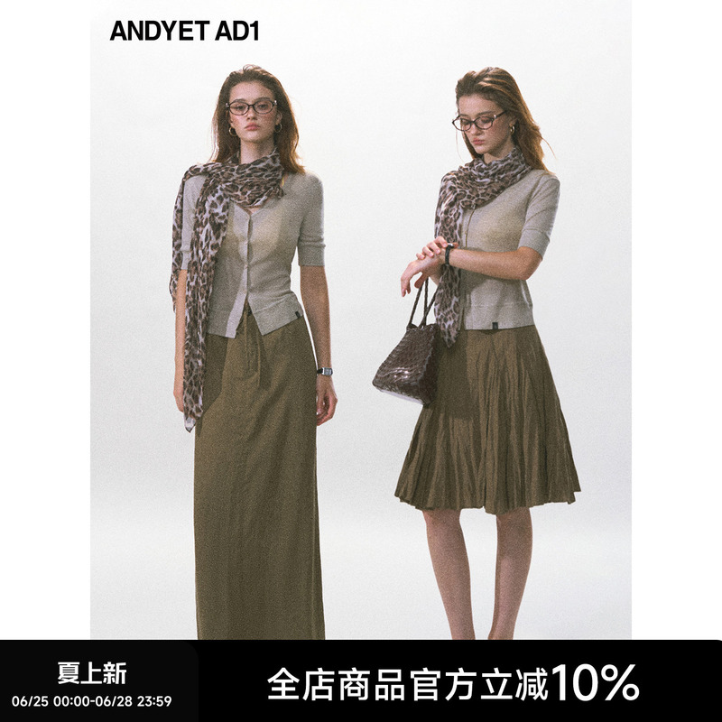 Andyet Ad1 Tencel Blend Mid-Sleeve Waist-Cinching Knit Cardigan V-Neck Versatile Slimming T-Shirt Simple Commuter Top