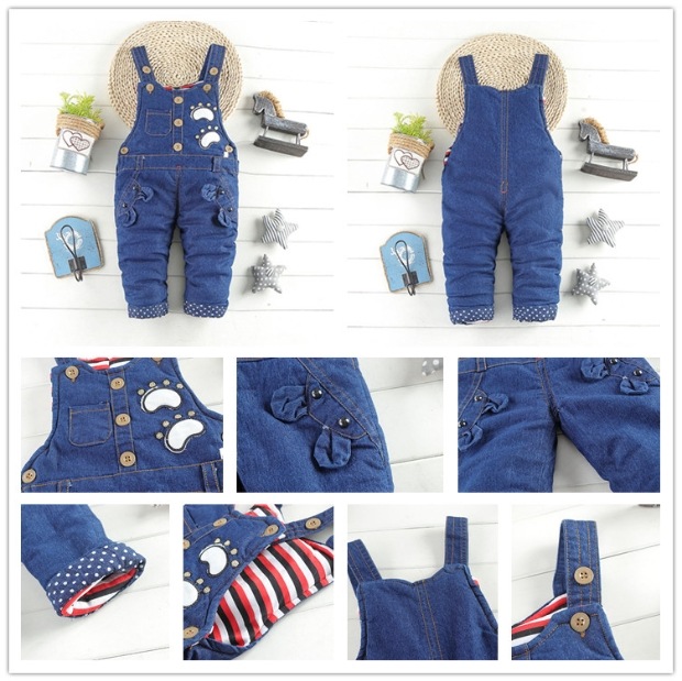 Quần denim bé trai mùa đông và bé gái mặc quần bé cotton dày 1-2-3 tuổi bộ quần áo liền thân