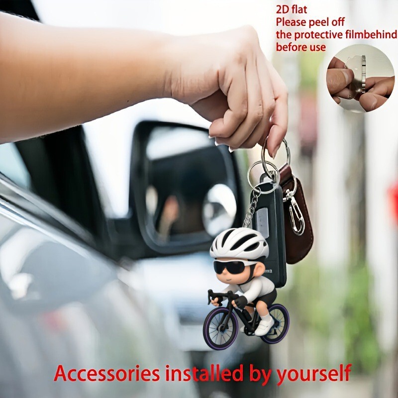 Popular Flat Acrylic Pendant Keychain Cute Cyclist Design Key Ring