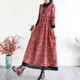 Retro literary print dress spring cotton and linen bottoming extra long skirt loose thickened long-sleeved shirt collar