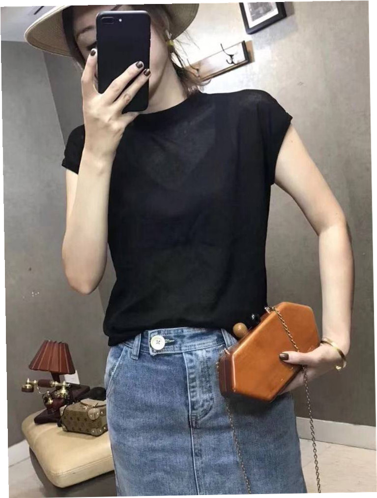 Mùa hè 2018 phiên bản Hàn Quốc mới của áo thun cổ tròn mỏng mỏng tay áo len lụa mỏng màu áo thun nữ áo len cổ thuyền