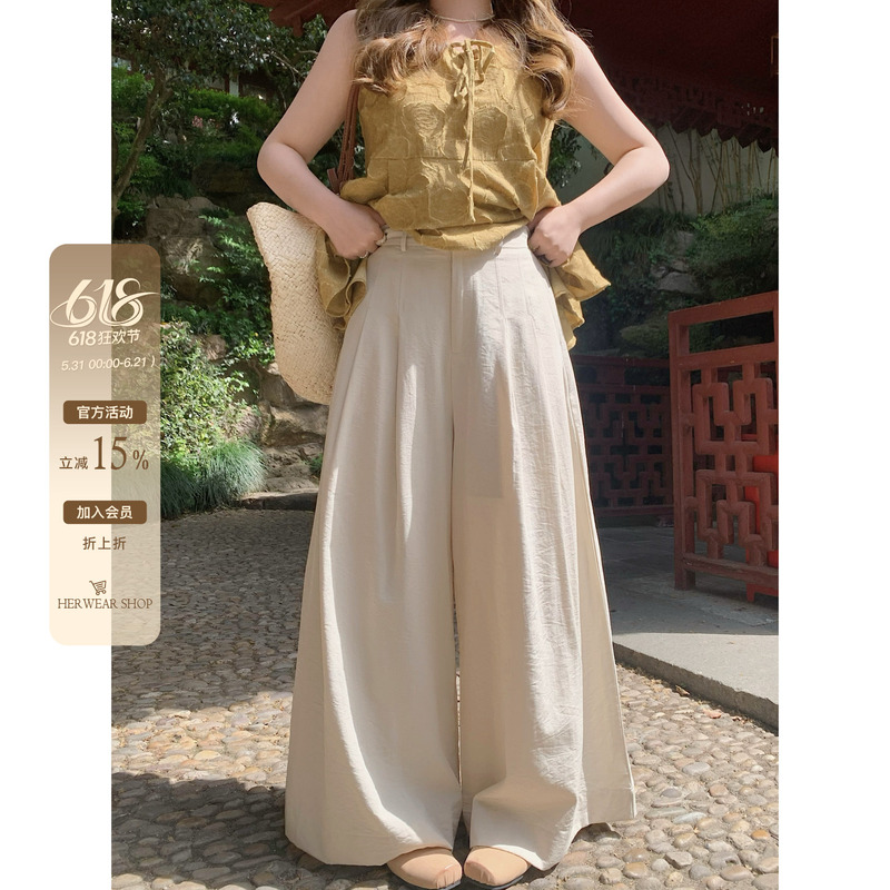 Herwear Plus-Size Relaxed Pants, Two-Tone Drapey Wide-Leg Pants for Women, Textured Slimming Pleated Floor-Length Pants