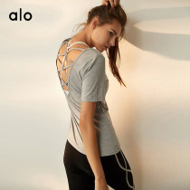 Spot Alo Yoga~American professional yoga clothes womens summer short-sleeved cross-back round neck fitness T-shirt